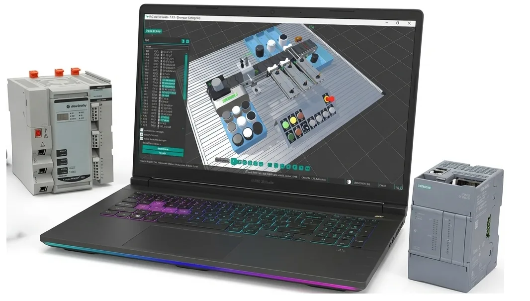 PLC-Lab 3D Studio software running on a laptop with PLC modules